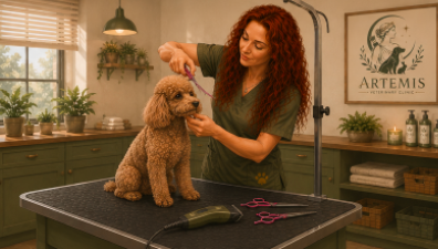 Woman grooming a small curly-haired dog on a grooming table in a pet salon
