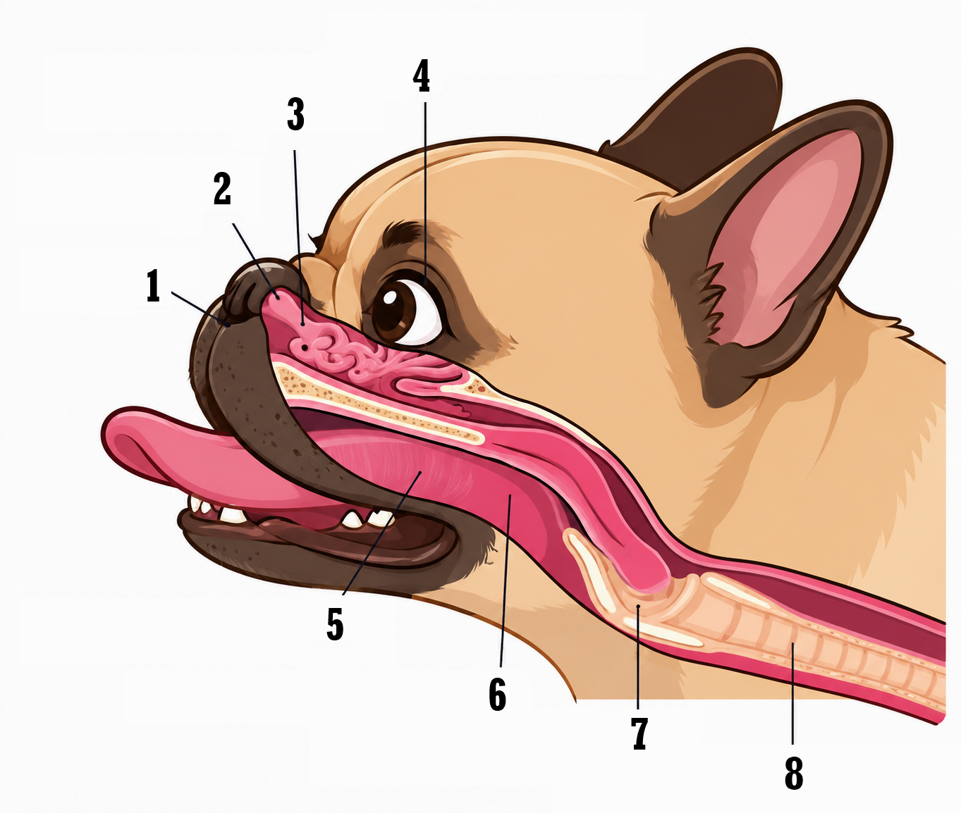 An illustration of a dog's head showing its mouth, tongue, and internal anatomy with labels.