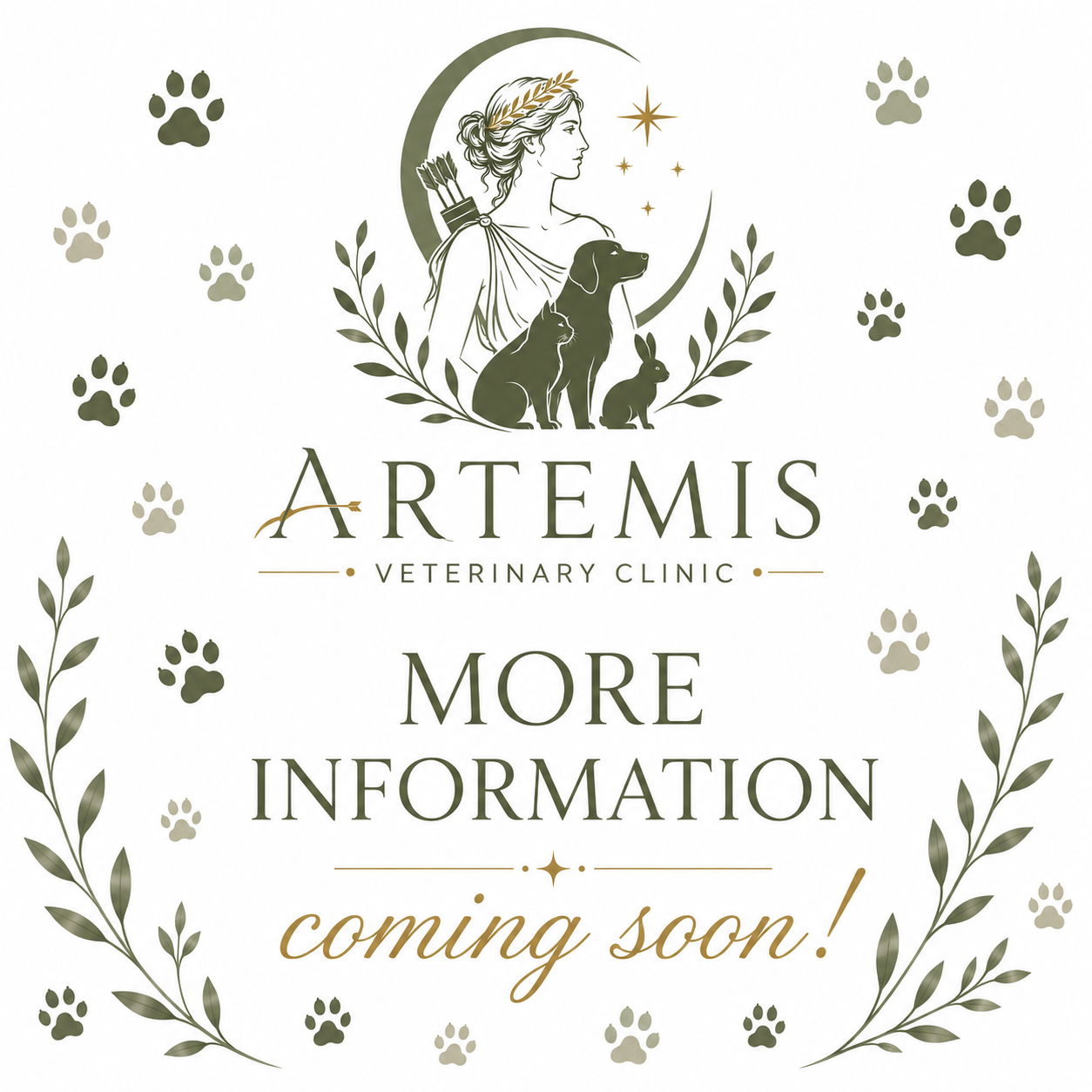 Logo for Artemis Veterinary Clinic with a woman, dog, cat, rabbit, moon, stars, and decorative leaves, announcing more information coming soon.