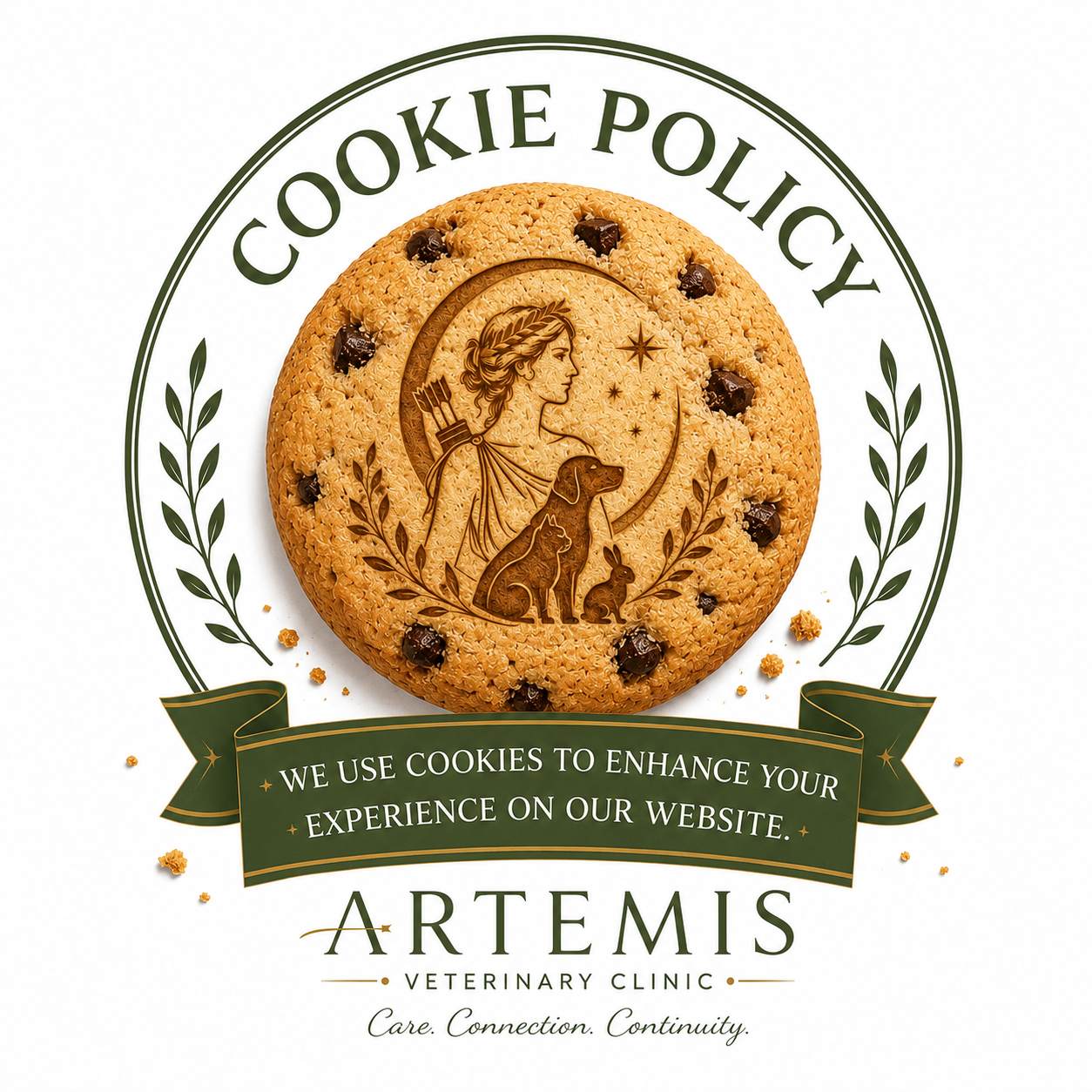 Chocolate chip cookie with an engraved image of Artemis, a dog, a rabbit, and celestial symbols, surrounded by text for Artemis Veterinary Clinic and a note about cookie use.