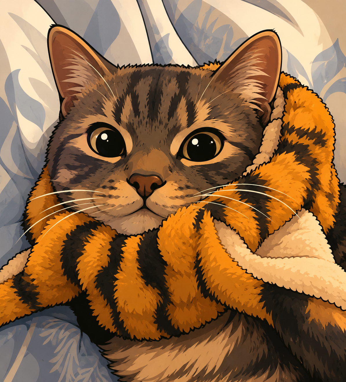 Illustration of a gray tabby cat with large, expressive eyes, wrapped in an orange and black striped blanket.