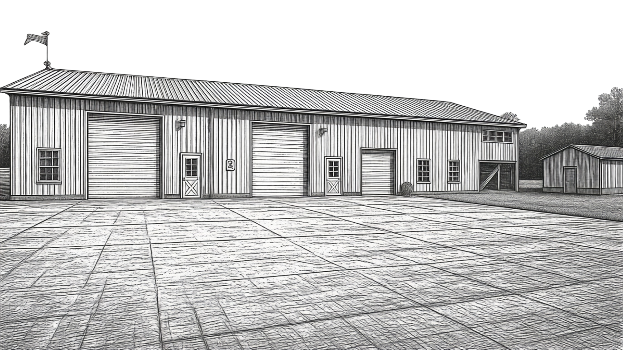 Black and white sketch of a large barn with three garage doors, four windows, and a small shed nearby, all on a paved concrete lot.