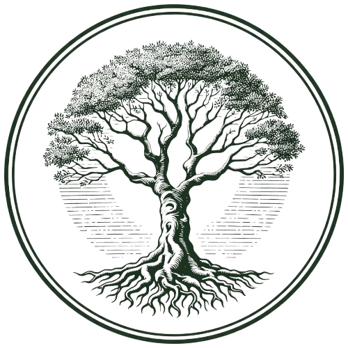 Illustration of a tree with extensive roots inside a circular border.