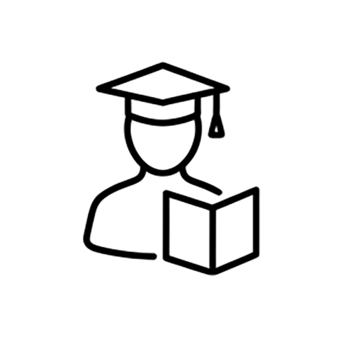 Icon of a graduate wearing a cap and reading a book.