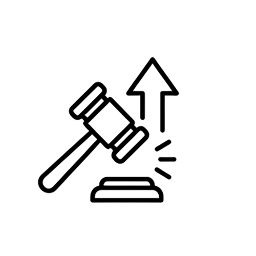 A gavel hitting a block with an upward arrow indicating legal or judicial action.