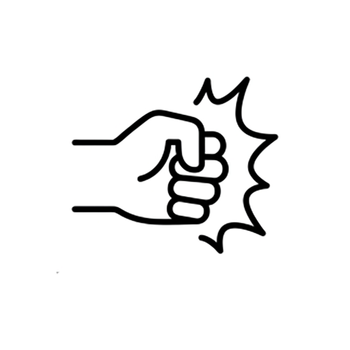 A black and white line drawing of a fist punching, with impact lines to show force.