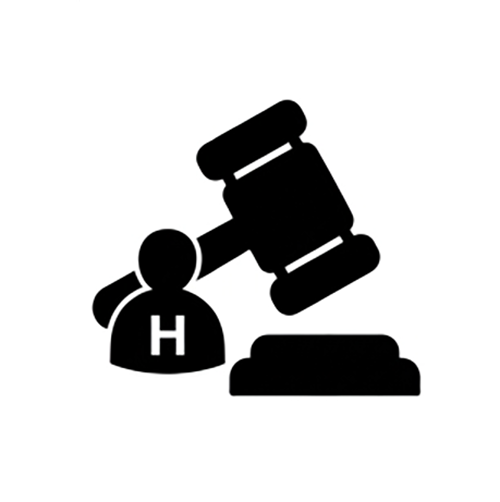 A black and white icon of a person with an 'H' on their chest, a judge's gavel, and a stack of books or a platform.