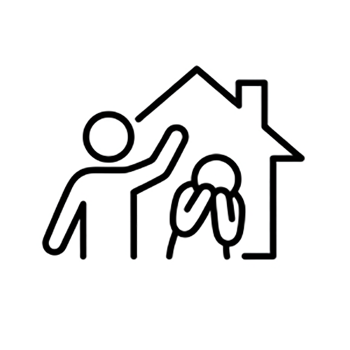 A black and white line drawing of a person scolding or yelling at another person who appears upset with their hands covering their face inside a house outline.