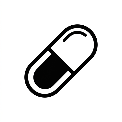 Black and white icon of a capsule pill split into two halves.