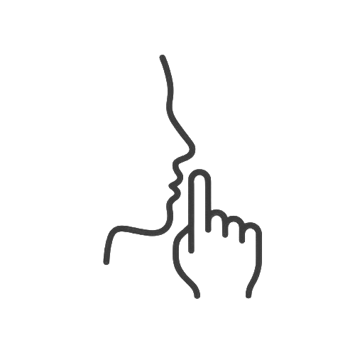 Silhouette of a person with a finger raised to their lips, indicating silence.