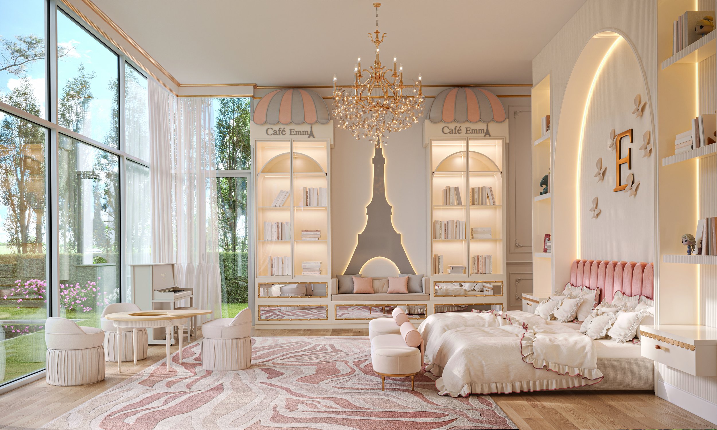 Girl's Parisian Room - Bench and Shelves