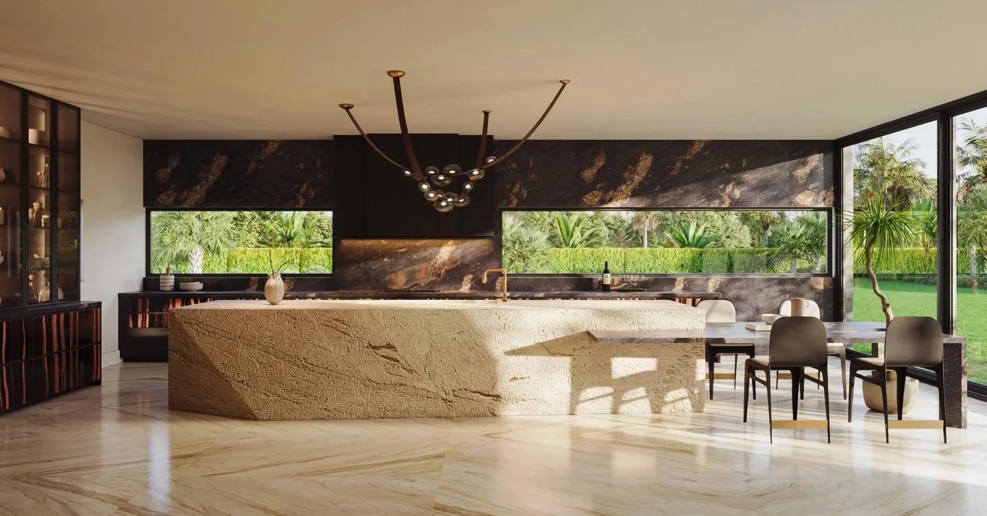Sculptural simplicity meets natural luxury.

This contemporary kitchen was designed as a statement of texture, materiality, and form. The 3D island carved from textured natural stone anchors the space like a piece of art, while exotic wood cabinetry 