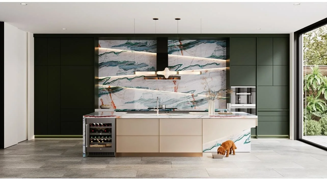 ✨Modern elegance meets bold artistry✨
I&rsquo;m so excited to share one of our newest kitchen design&mdash; where sculptural stone, clean lines, and rich textures come together effortlessly. The statement marble backsplash and island waterfall edge b