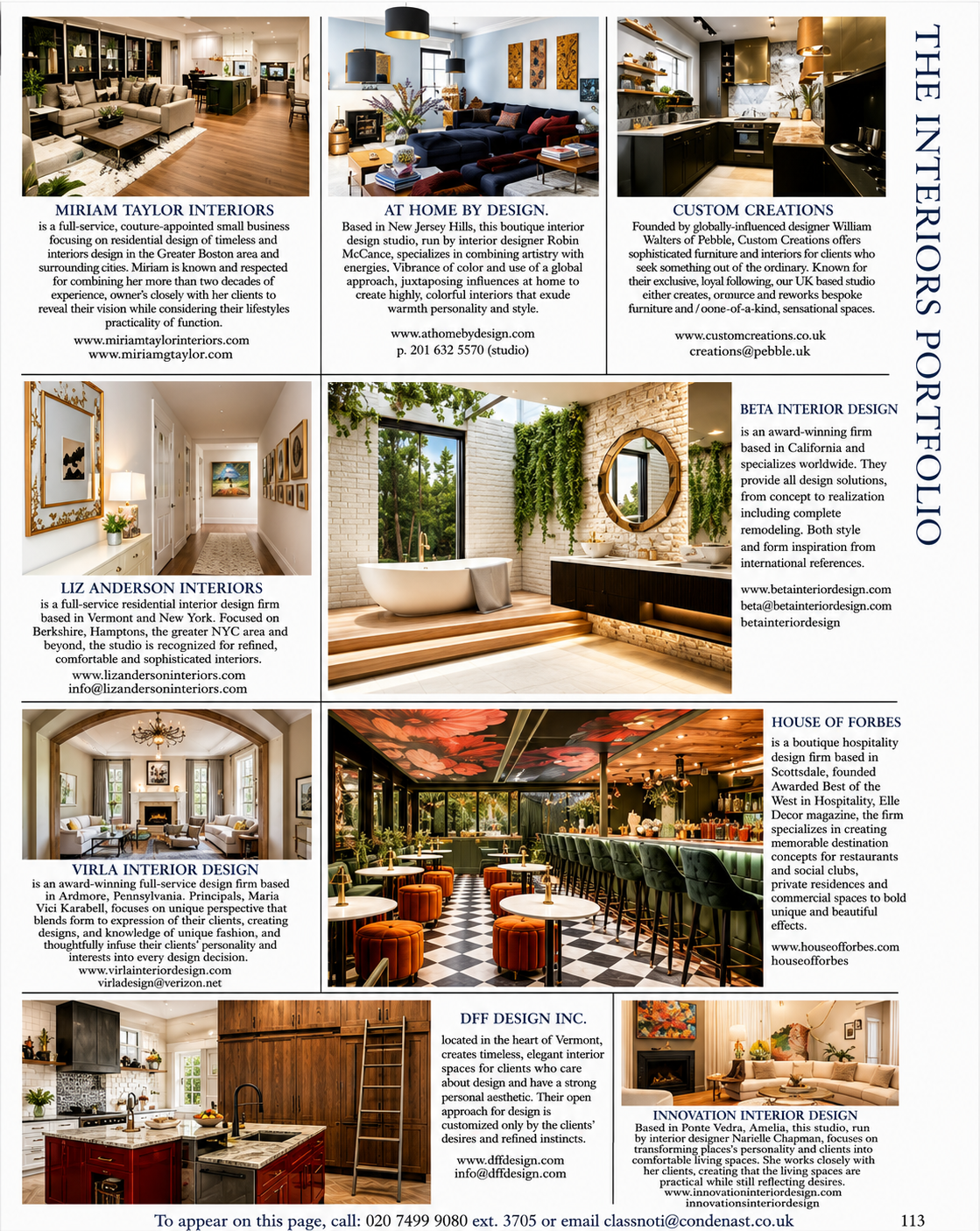 Collage of interior design company advertisements featuring various residential and commercial interior spaces, including living rooms, kitchens, bathrooms, dining areas, and a hotel bar, with descriptions of the firms and their design services.