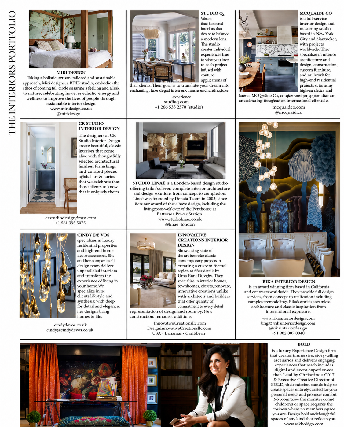 Collage of interior design and architecture profile images, including bedrooms, kitchens, living rooms, lighting fixtures, and a woman smiling in a showroom.