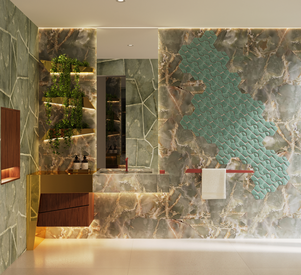 Modern bathroom with green marble walls, a gold and wood bathroom vanity, a mirror, and a decorative tile map of Lake Tahoe on the wall.