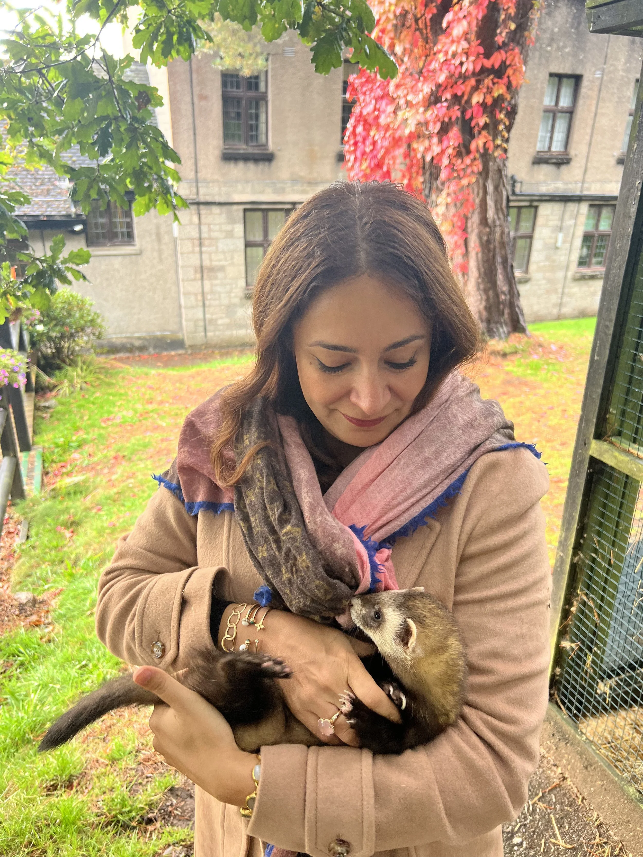 A woman with brown hair and wearing a beige coat and colorful scarf is holding a small fox with brown, black, and white fur. She is outdoors with a background of green grass, trees with autumn leaves, and a building with stone walls and windows.