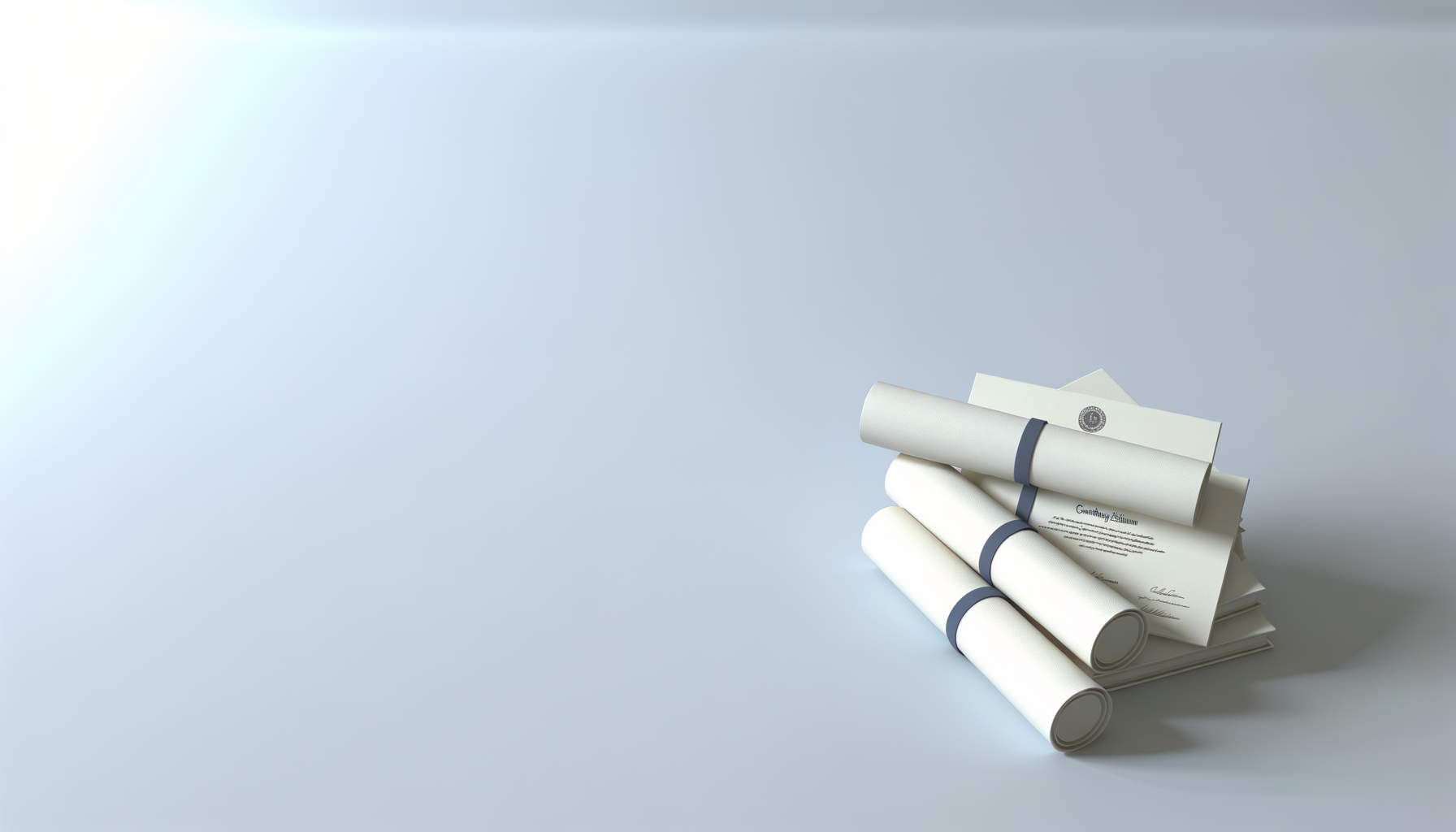Stack of rolled and unfolded diplomas or certificates tied with dark ribbons, placed on a light surface against a plain background.