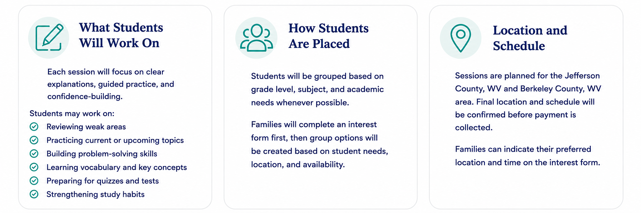 Information about student work focus, grouping, and scheduling for sessions in Jefferson, West Virginia, and Berkeley County, with details on topics, grouping based on needs, and location planning.
