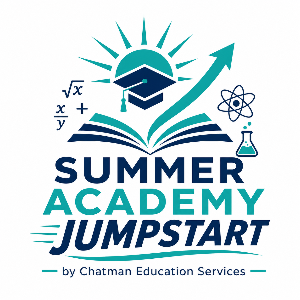 Logo for Summer Academy Jumpstart by Chatman Education Services, featuring a graduation cap, open book, sun, and science symbols.