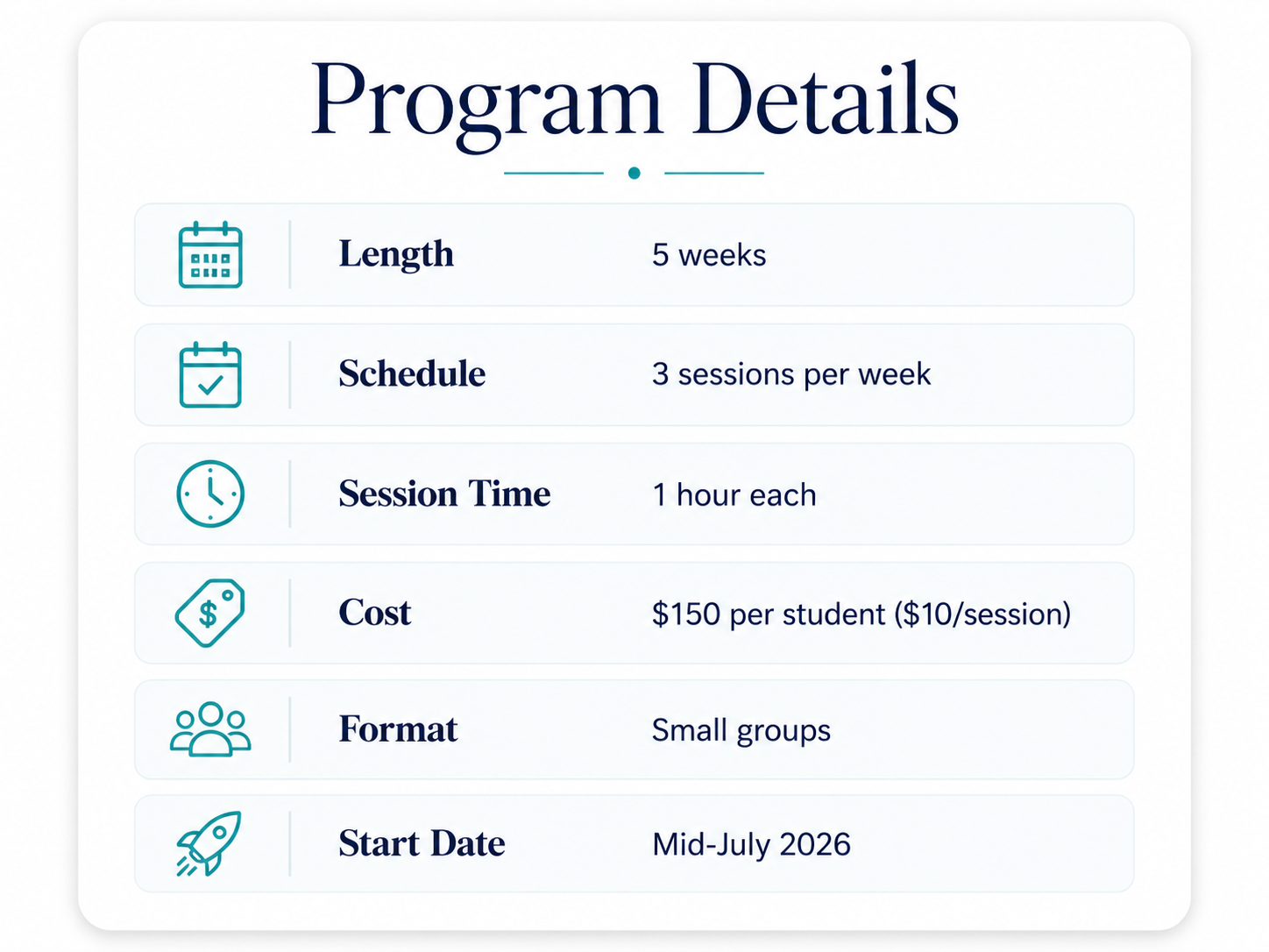 Program details including a 5-week length, 3 sessions per week, 1 hour each session, costing $150 per student, small group format, starting mid-July 2026.