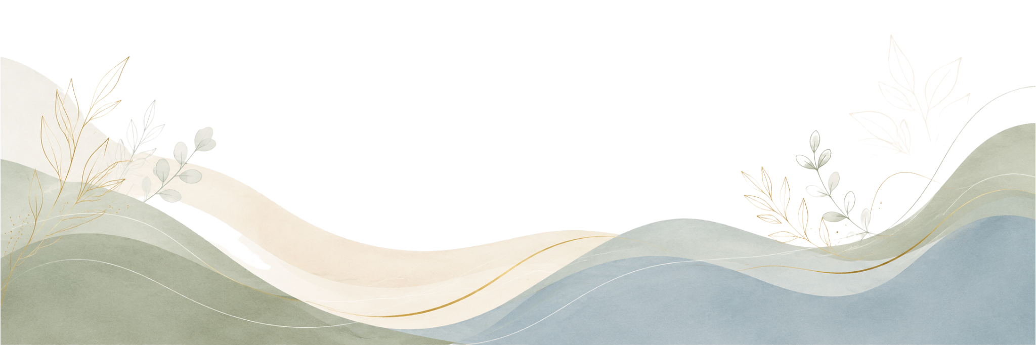 Abstract illustration of layered rolling hills with soft pastel colors and delicate botanical accents, including leaves and branches, with a minimalist style.