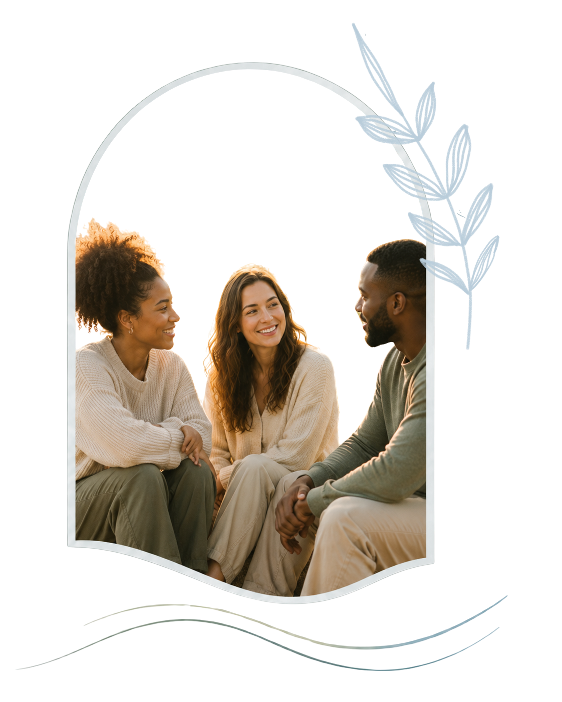 Three people sitting close together, smiling and talking, inside a decorative frame with a leaf design.