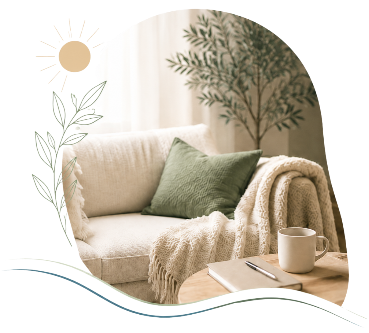 A cozy living room scene with a beige couch, a green pillow, a cream-colored throw blanket, a wooden coffee table with a notebook, a pen, and a mug. In the background, there's a large window with sheer curtains and a tall plant with leafy branches.