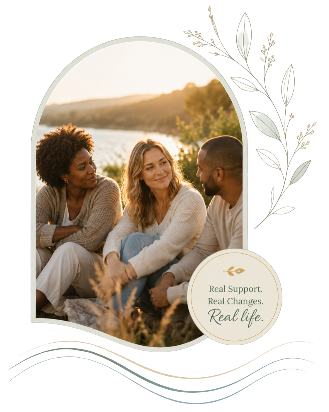 Three people sit outdoors near a river at sunset, engaged in conversation, with a circular overlay containing text that reads "Real Support. Real Changes. Real life."