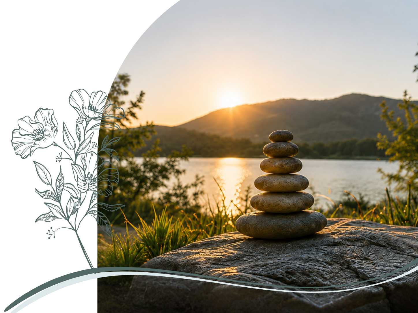 Stacked smooth stones on a large rock by a lake during sunset with mountains in the background.