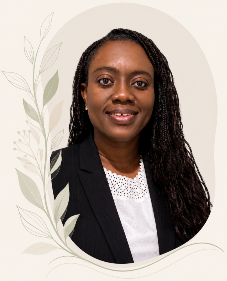 A professional woman with dark curly hair, wearing a black blazer and white blouse, smiling against a light background with a decorative leaf design.