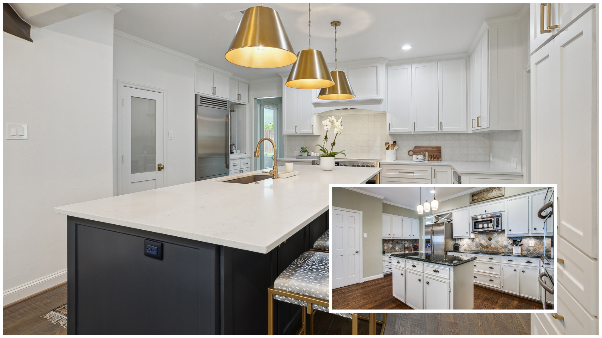 A modern kitchen with white cabinets, a white island with a gold faucet, and three gold pendant lights hanging above. Contains stainless steel appliances and decorative plants.