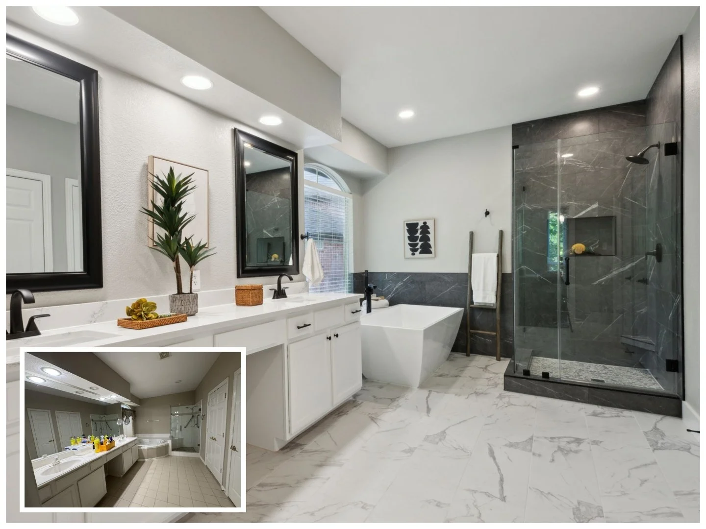 Modern bathroom with dual vanity, large mirrors, indoor plant, freestanding bathtub, and glass-enclosed shower with dark marble walls; secondary image shows a spacious sink area with multiple vanities and a bathtub.