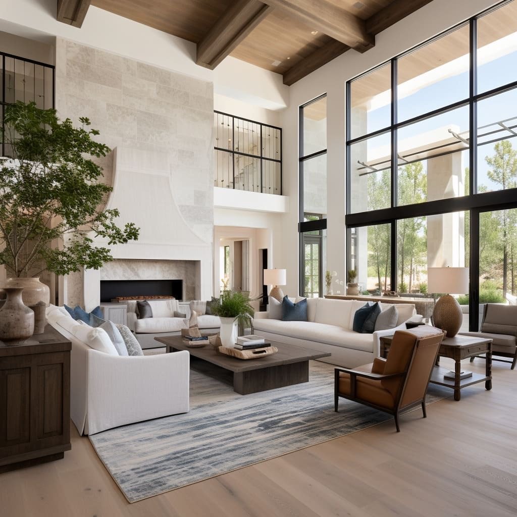 A modern living room with large floor-to-ceiling windows, white sofas, a wooden coffee table, a fireplace with a white wall, and various decorative pillows and lamps.