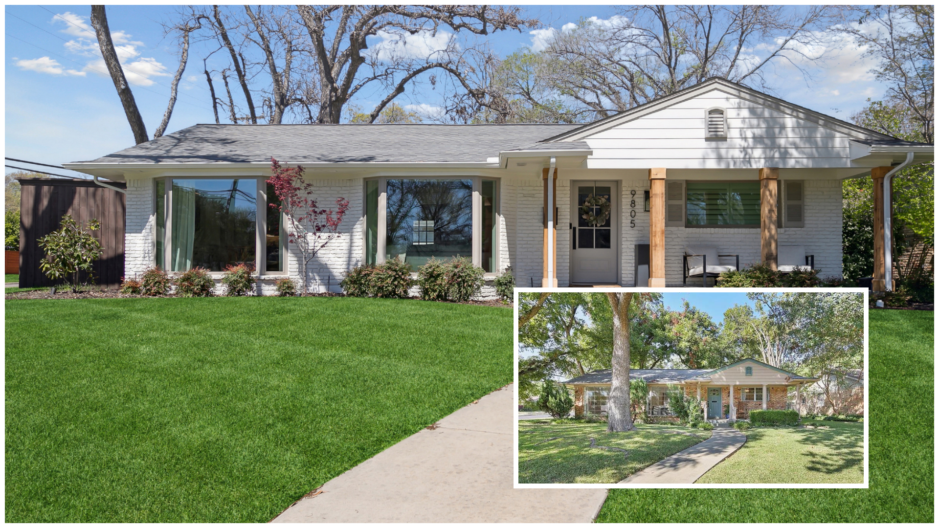 Two suburban houses with front lawns and trees, viewed on a sunny day. The larger house has a white brick exterior, bay windows, and a front porch with chairs. The smaller house has a brick exterior, front porch, and is shaded by a large tree.