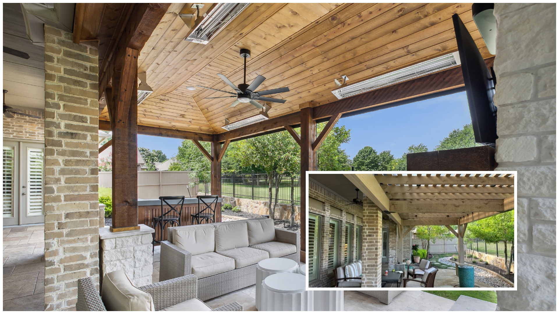 Covered outdoor patio with brick and wood columns, a wooden ceiling with ceiling fans, outdoor furniture including cushioned chairs and a sofa, a bar with chairs, and a backyard with trees and a fence.