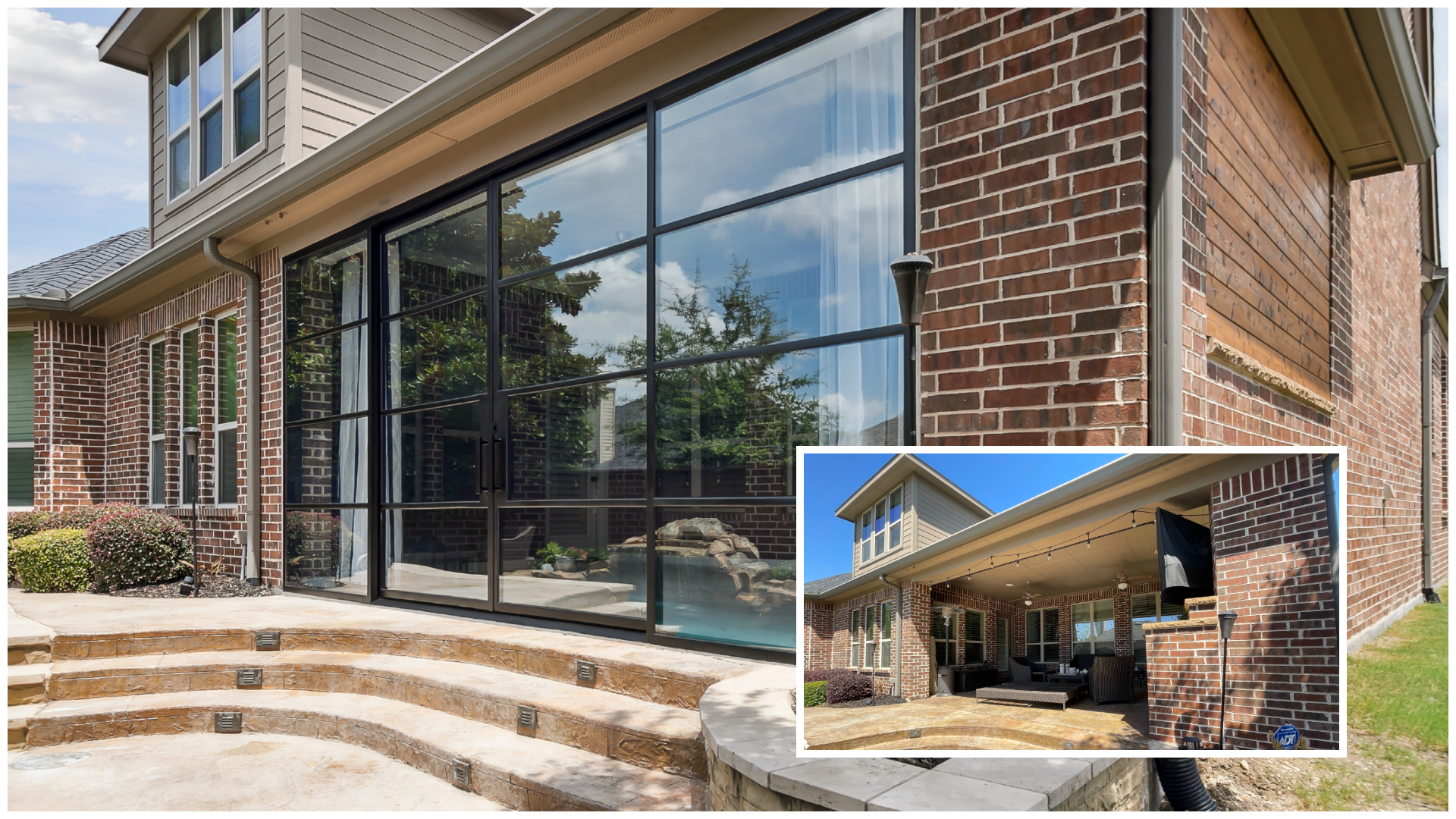Exterior view of a brick house with large glass sliding doors, a covered patio area with outdoor furniture, and a landscaped yard.