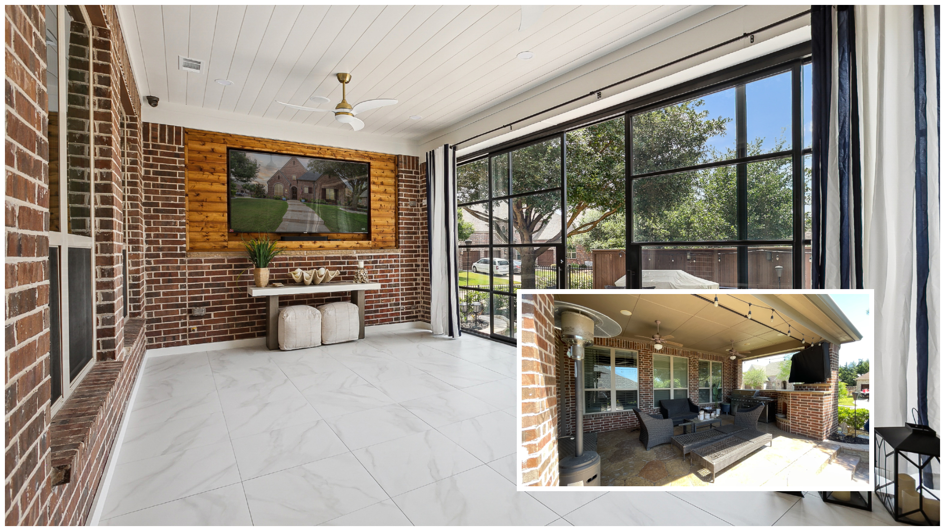 Covered outdoor porch with brick walls, ceiling fans, a mounted TV, patio furniture, and large windows and sliding doors.