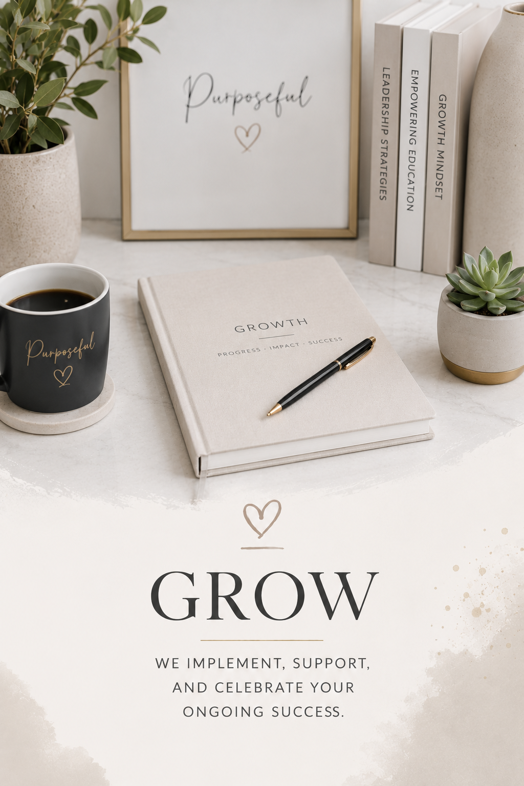 A workspace with a framed sign that says 'Purposeful' with a heart, a black coffee mug with 'Purposeful' and a heart on it, a beige notebook titled 'Growth' with a black pen, a small potted plant, and a row of books titled 'Leadership Strategies,' 'Empowering Education,' and 'Growth Mindset.'