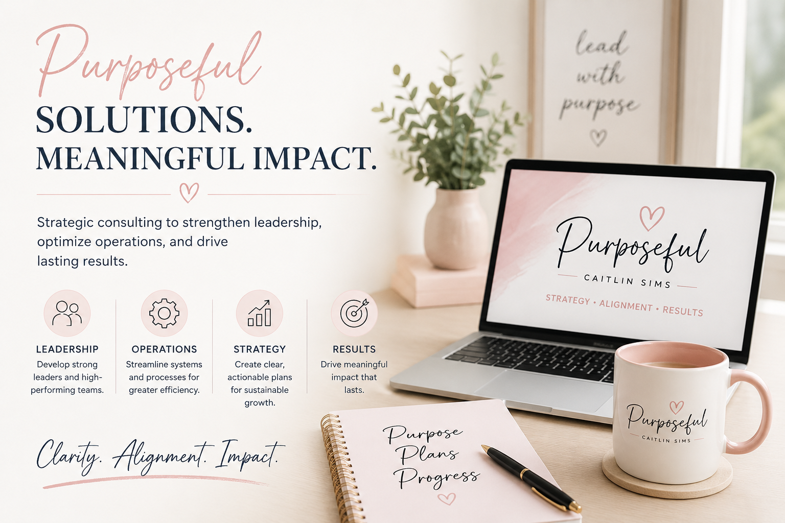 A promotional image for Caitlin Sims' coaching services features a laptop, a mug, a notebook, and a framed print on a desk. The text emphasizes purposeful solutions, meaningful impact, leadership, operations, strategy, and results with decorative elements like a heart and elegant fonts.