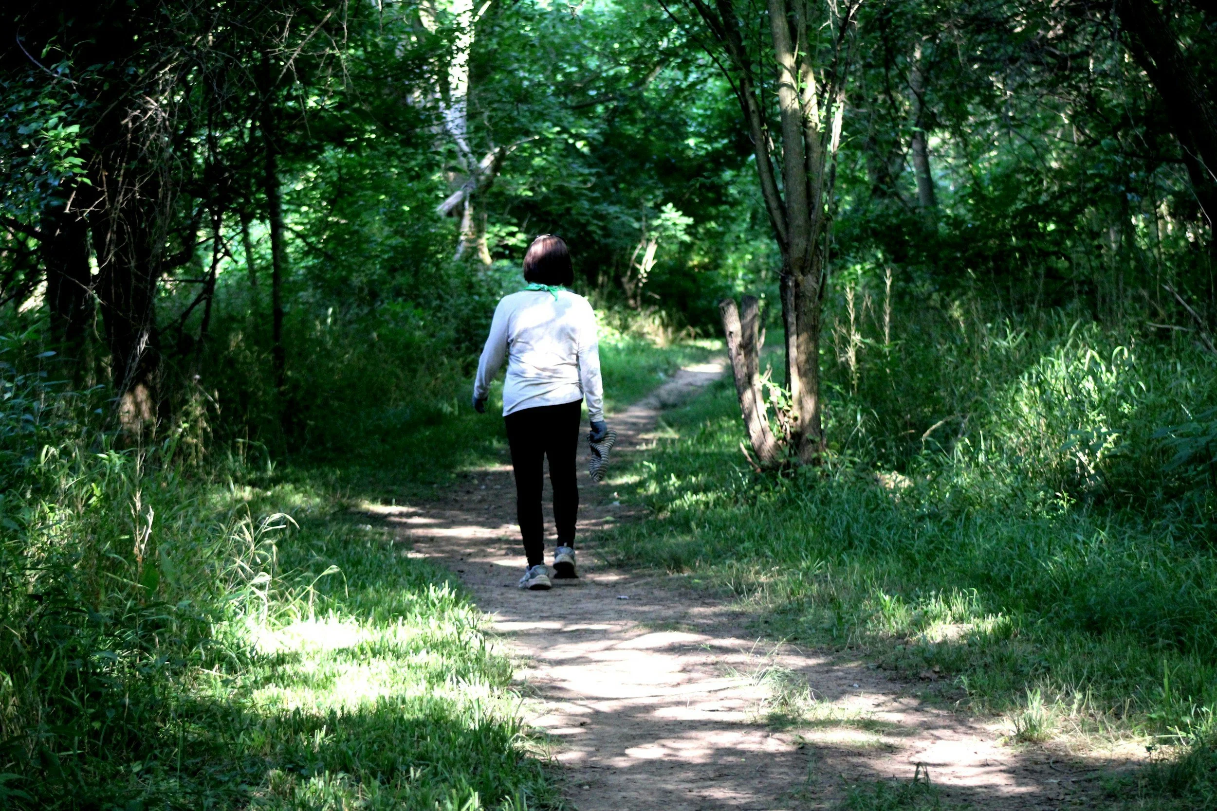 A woman walking down a dirt path through a lush, green forest, holding striped shoes in her right hand.