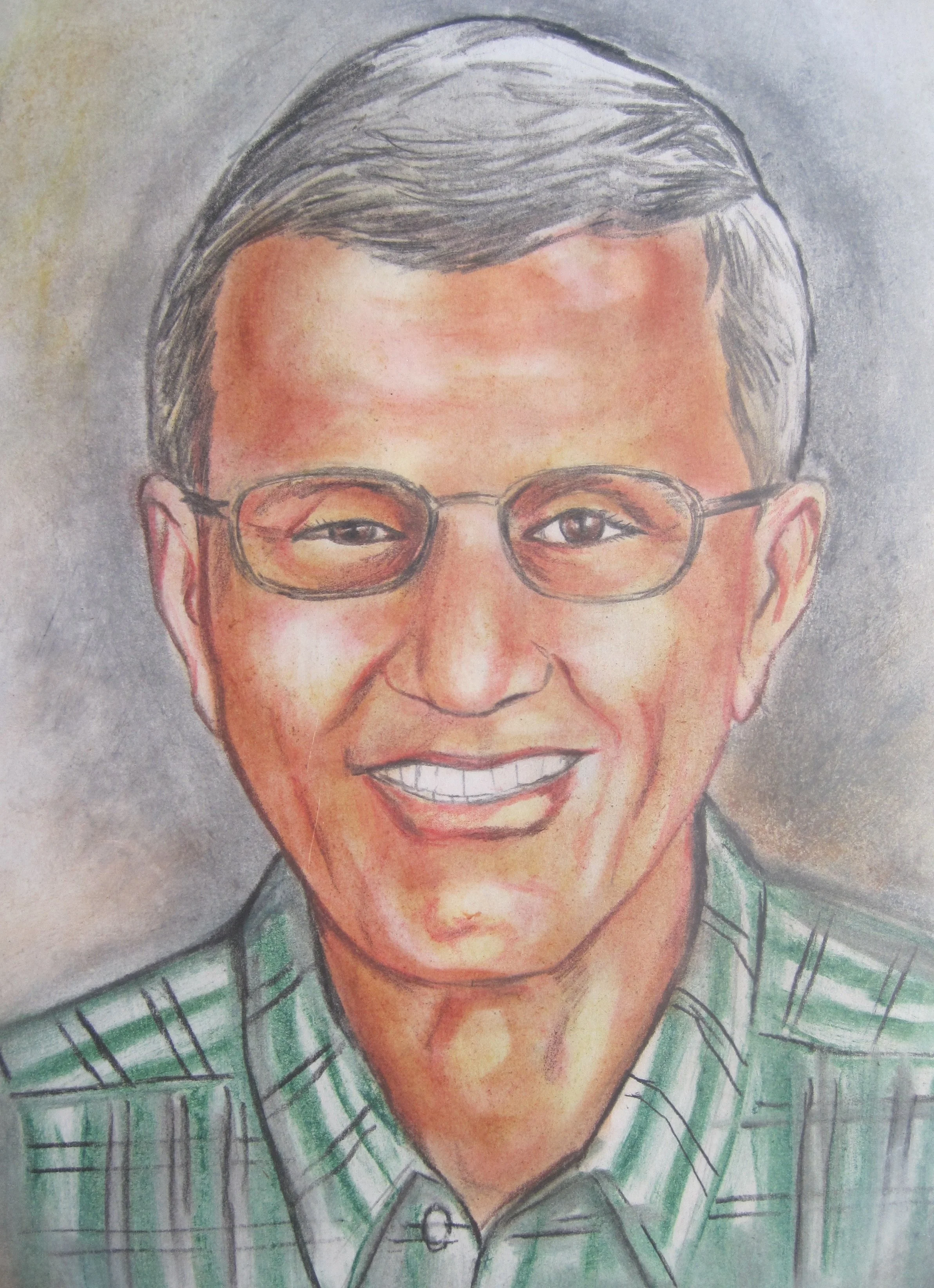 Colorful drawing or painting of a smiling man with glasses, gray hair, and wearing a green and white striped shirt.
