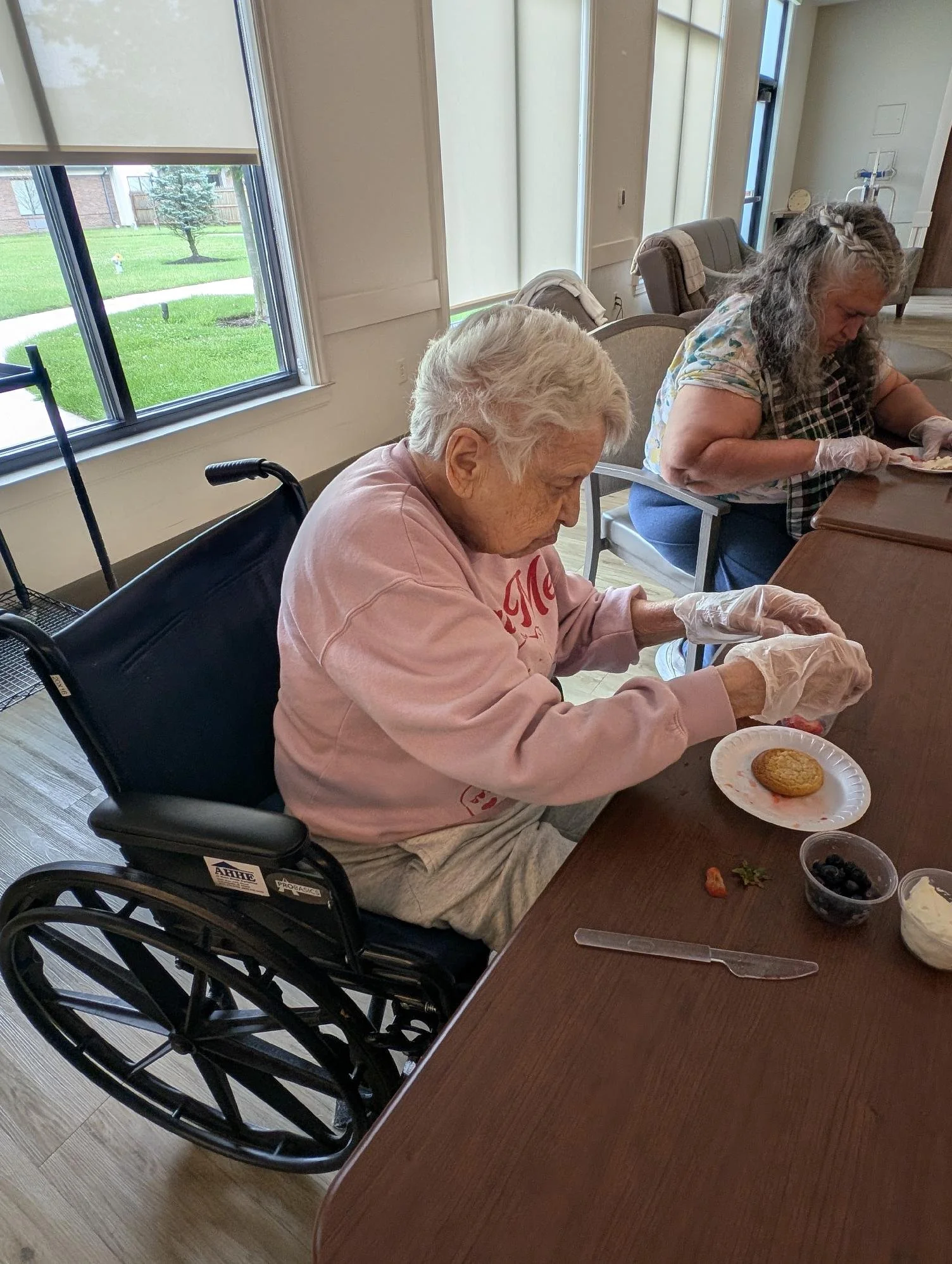 An elderly woman in a wheelchair and an older woman are sitting at a dining table, preparing food together in a room with large windows showing a green lawn outside.