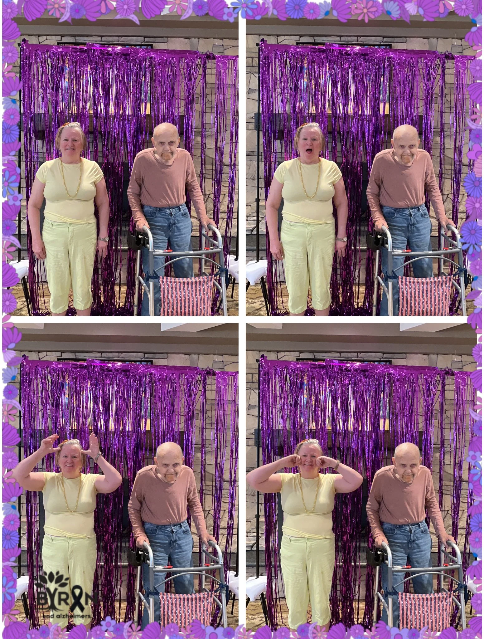 Four elderly people standing in front of purple metallic streamers. It appears to be a celebration or gathering with some people making playful gestures.
