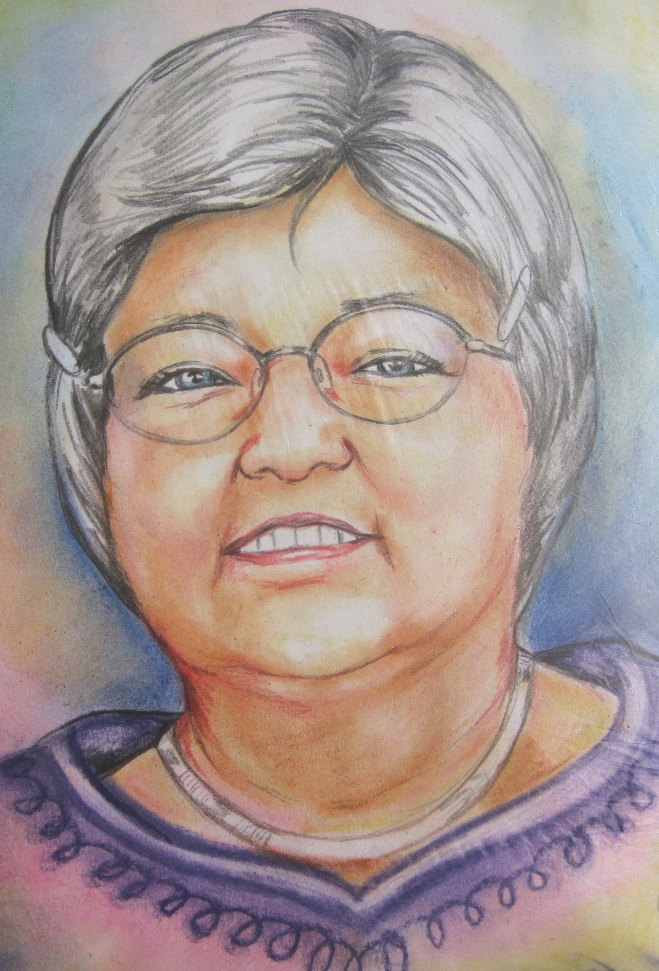 A colorful drawing of a smiling woman with short, gray hair, glasses, and a patterned purple shirt.
