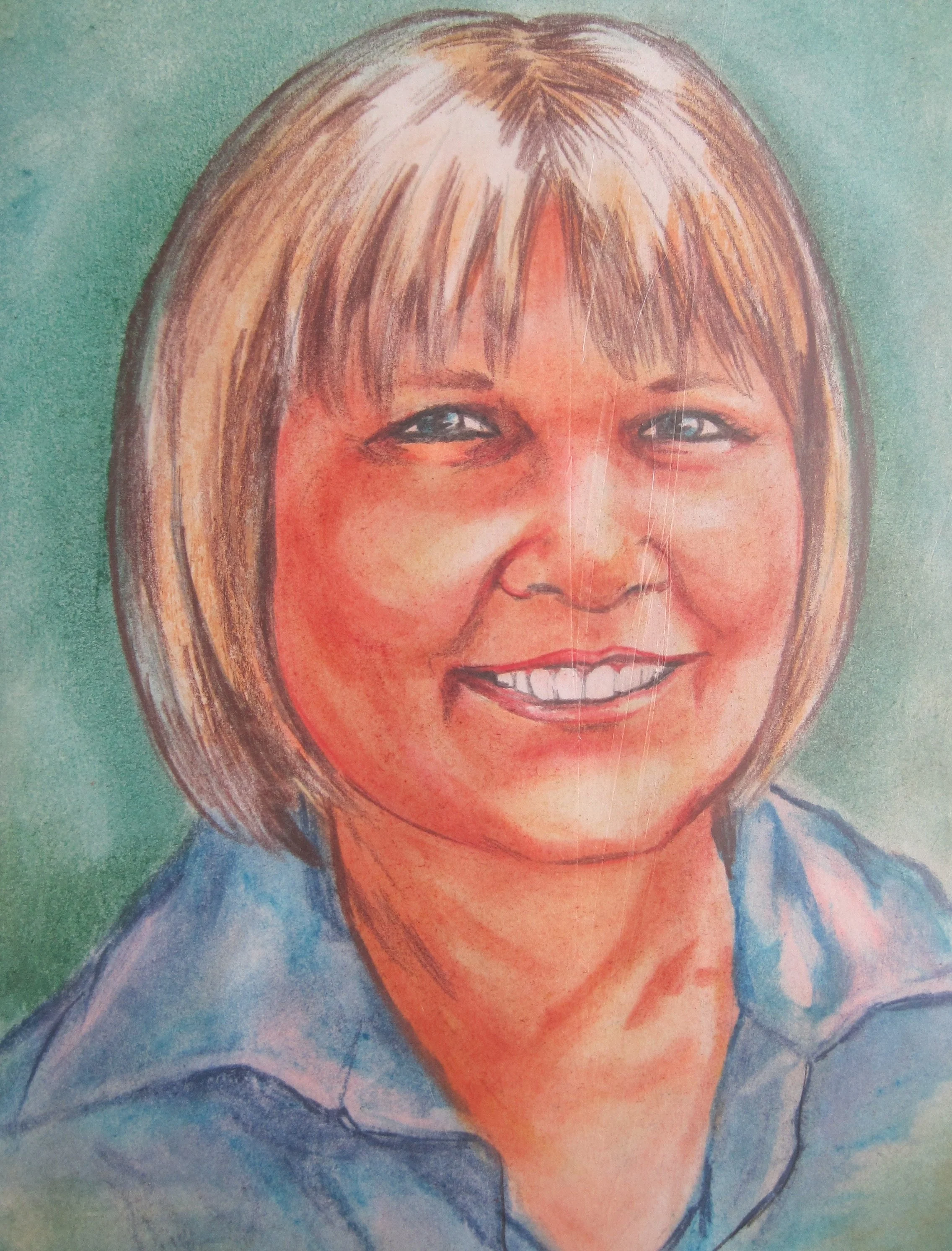 Colorful portrait drawing of a woman with short blonde hair, blue eyes, and a blue top against a green background.