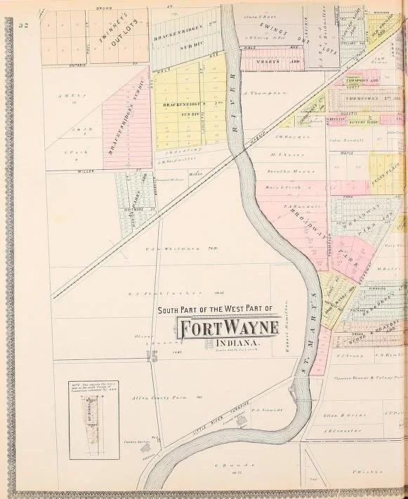 Historical map of the south part of the west part of Fort Wayne, Indiana, showing land parcels, streets, and waterways with color-coded sections.