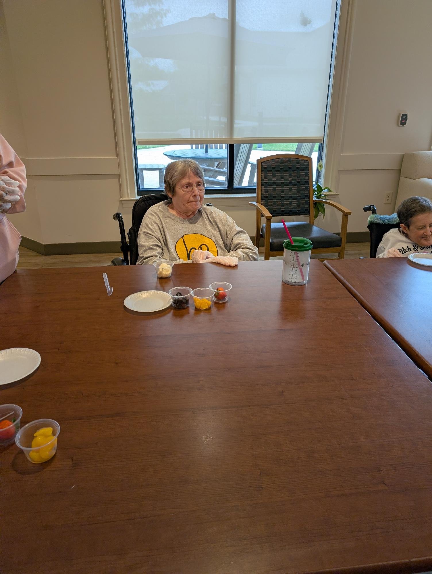 Three elderly women sit at a long wooden table with various small bowls of fruit and snacks, inside a room with beige walls and a large window with a view of outdoor patio furniture.