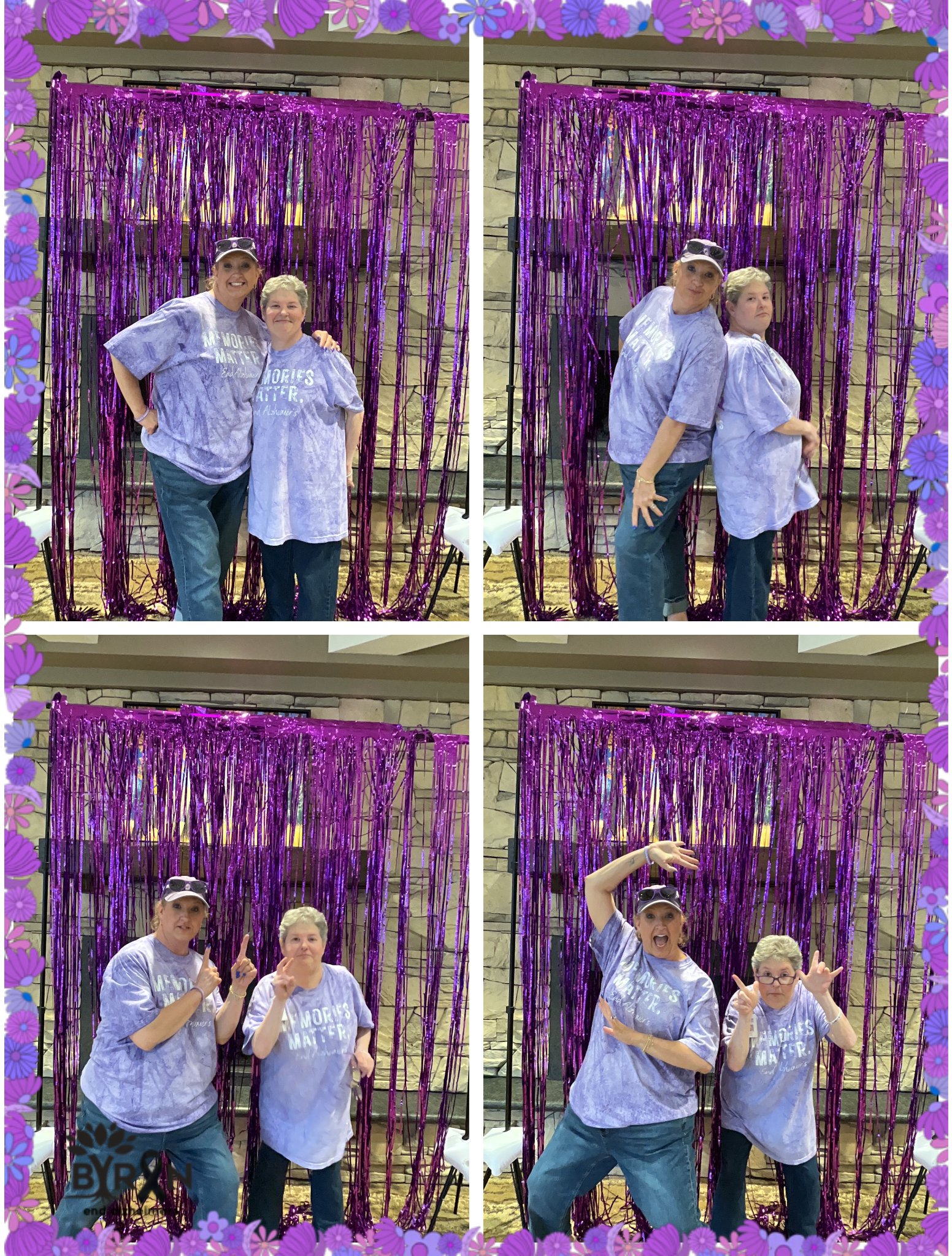 Group of women wearing purple T-shirts with an Easter message, posing in a photo booth with purple metallic fringe backdrop, making playful gestures and smiling.
