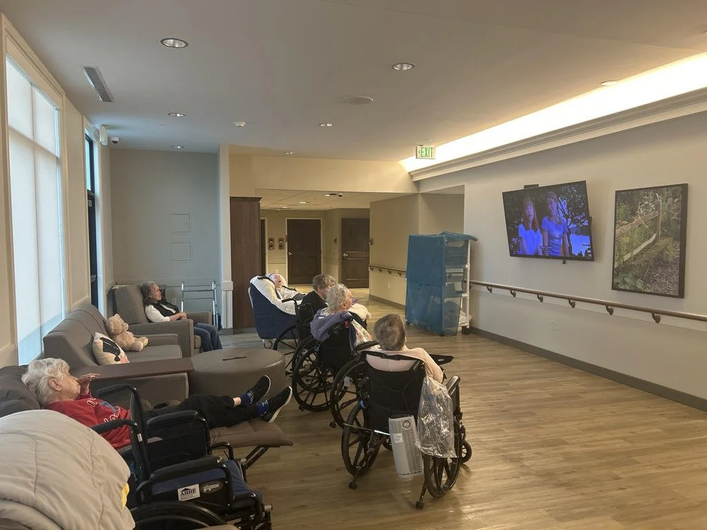 Elderly residents watching TV in a care facility lounge with wheelchairs and sofas.